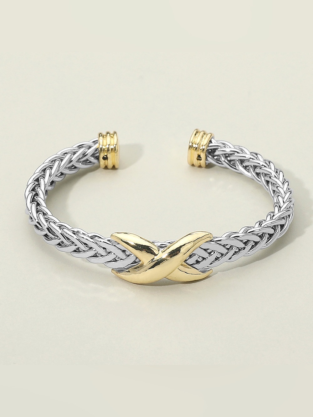 14K Gold Plated Two Tone Crisscross Accent Braided Cuff Bracelet